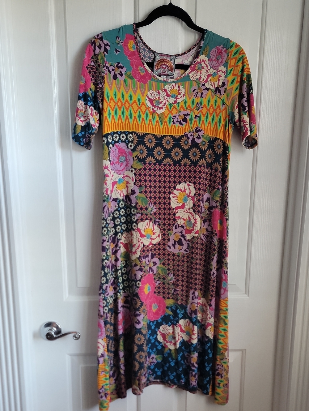 Johnny Was Multicolor Floral Patchwork Midi Dress - Pink, Teal, Yellow, Navy